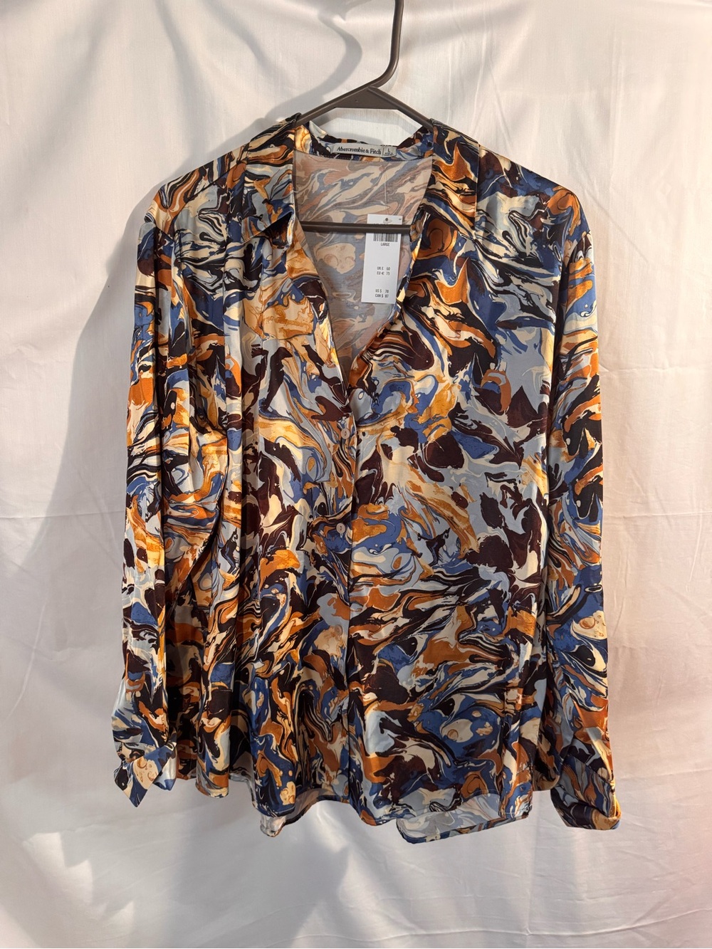 NWT Abercrombie Abstract Marble-Print Long-Sleeve Blouse - Multi Blue/Gold